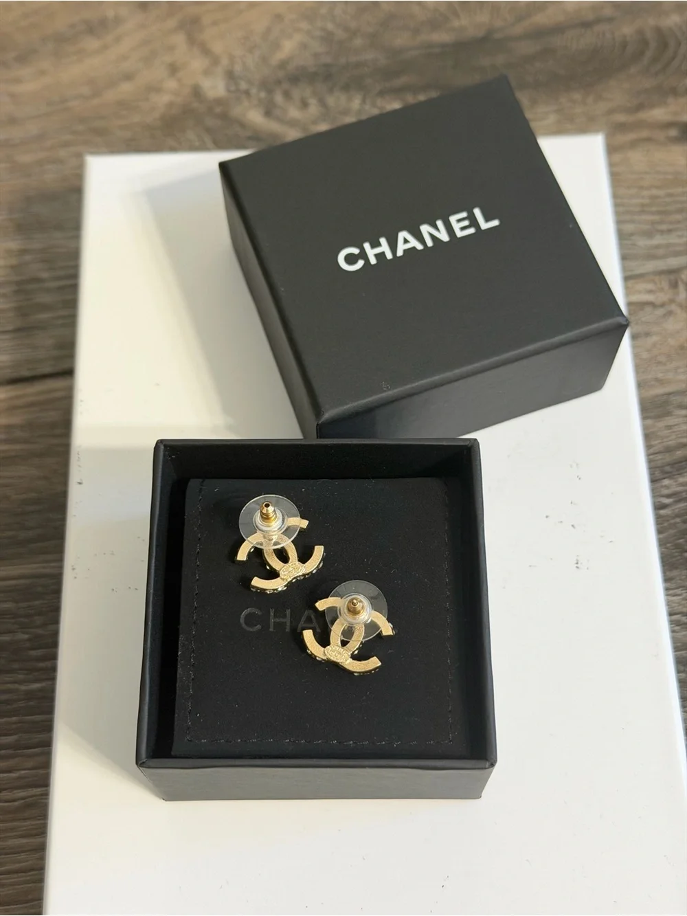 CHANEL Gold Crystal CC Stud Earrings